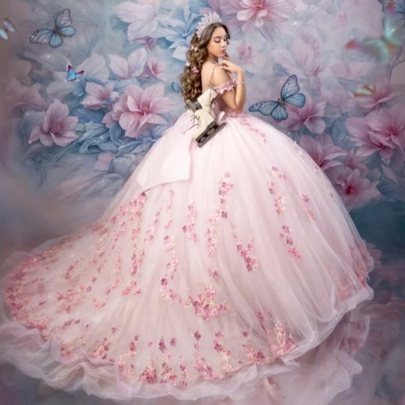 Pink Quinceanera Dresses Ball Gown Off The Shoulder Applique Lace Beading Tull Corset Party Birthday Sweet 16 Vestido De 15 Anos