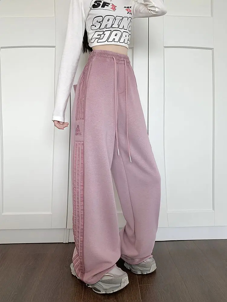 American Gray Sweatpants Women Autumn Winter High-waisted Casual Striped Sweatpants Small People Loose Slimming Wide-leg Pants 241220