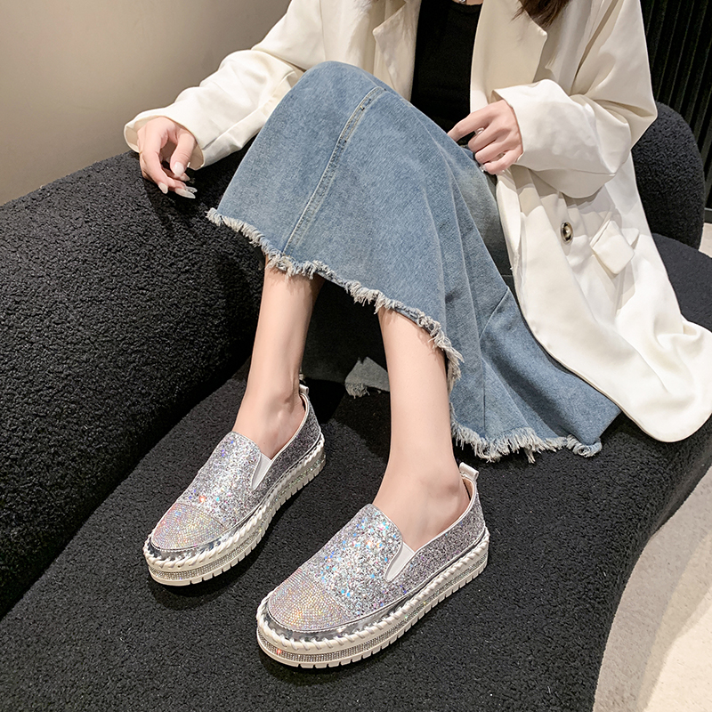 Women's Water Diamond Fashion Casual Shoes Designer Flat Shoes High Quality Thick Bottom Luxury Single Shoes Zapatos de Mujer Luxurious shiny out