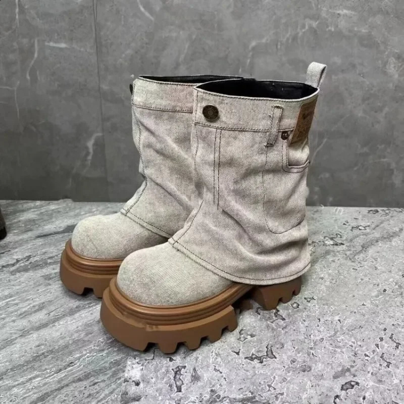 Ladies Shoes Fashion Sleeve Womens Boots Spring Autumn Round Toe Denim Solid Middle Tube Platform Chunky Heels Boots 241227