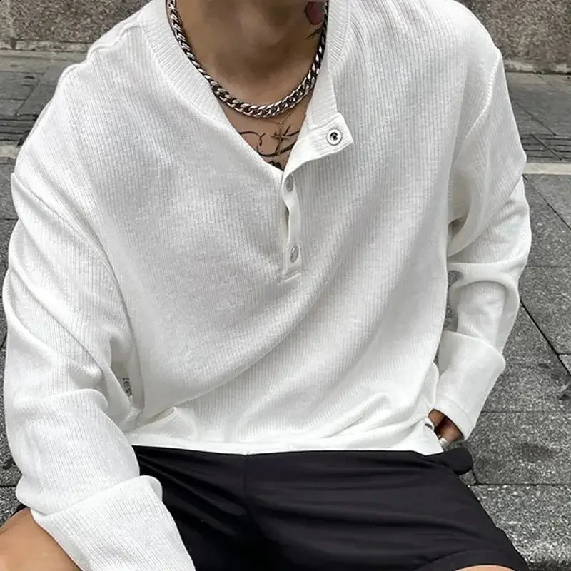 Mens Loose Long Sleeve TShirt Clothes Textured Pleated Miyake Button Placket Henley Collar Plus Size Men Clothe 241223