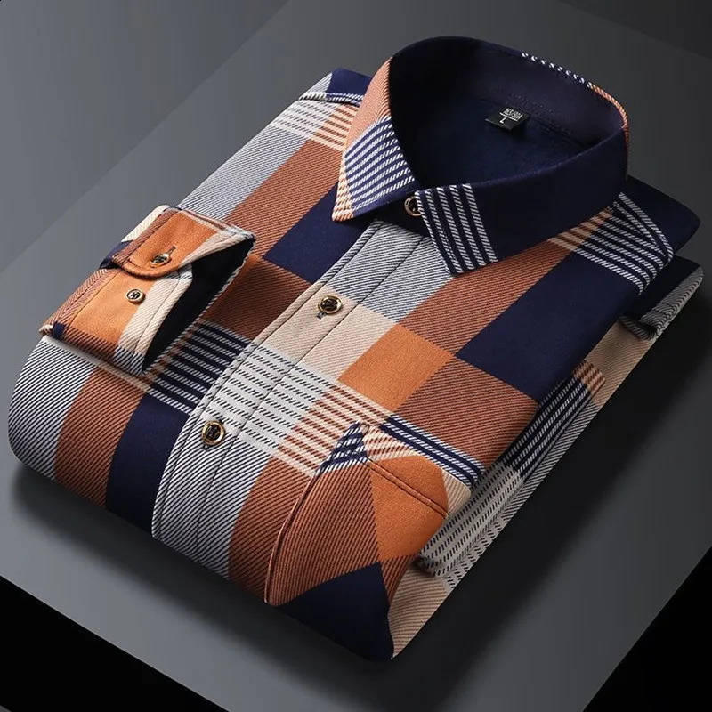 Autumn and Winter Fashion Trend Plaid Long Sleeve Shirt Mens Business Casual Plus Fleece Thick Warm Large Size Shirt 241223