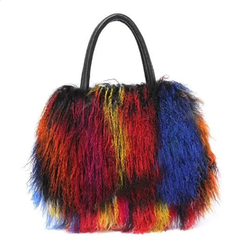 Real Mongolian Fur Bags Australian Beach Wool Fur Shoulder Bag Ladies Tibet Lamb Fur Wrist Bag Large Capacity 241227