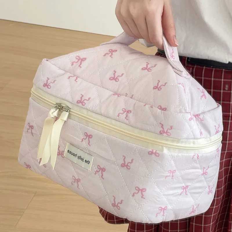 1pcs Cotton Pink Ribbon Bow Cosmetic Bag Large Capacity Soft Handbag Storage Bags Travel Organzier Pouch Women Makeup CaseXJ241228