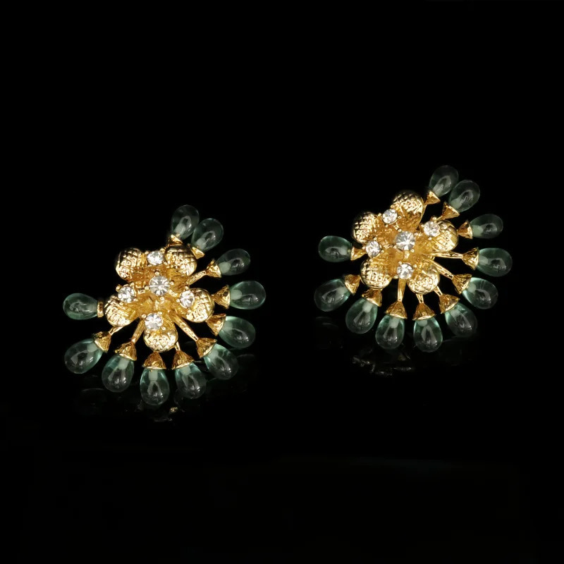 Stylish vintage inlaid sunflower elegant brooch copper gold plated high-grade silver pin earrings set 241227