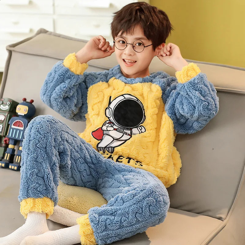 Winter Shark Pajamas Sets for Children Flannel Warm Hooded Sleepwear Boys Thicken Homewear Girls Night Suit Animal Pyjamas Kids 241226