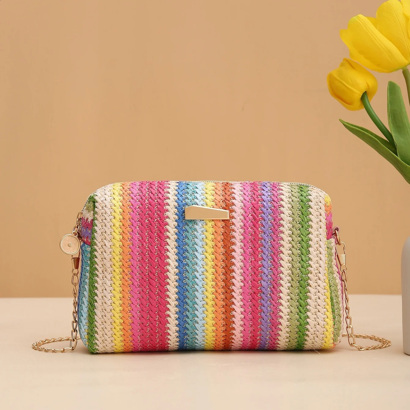 Summer Rainbow Rattan Knitting Straw Bag Shoulder Crossbody Beach Chain Small Purse Handbag Female Travel Flap Women 241225