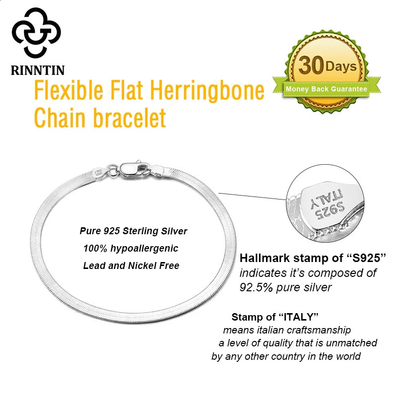 Rinntin 925 Sterling Silver Italian 3mm/4.5mm Flexible Flat Herringbone Chain Bracelet for Women Men Bangle Jewelry SB107 241228