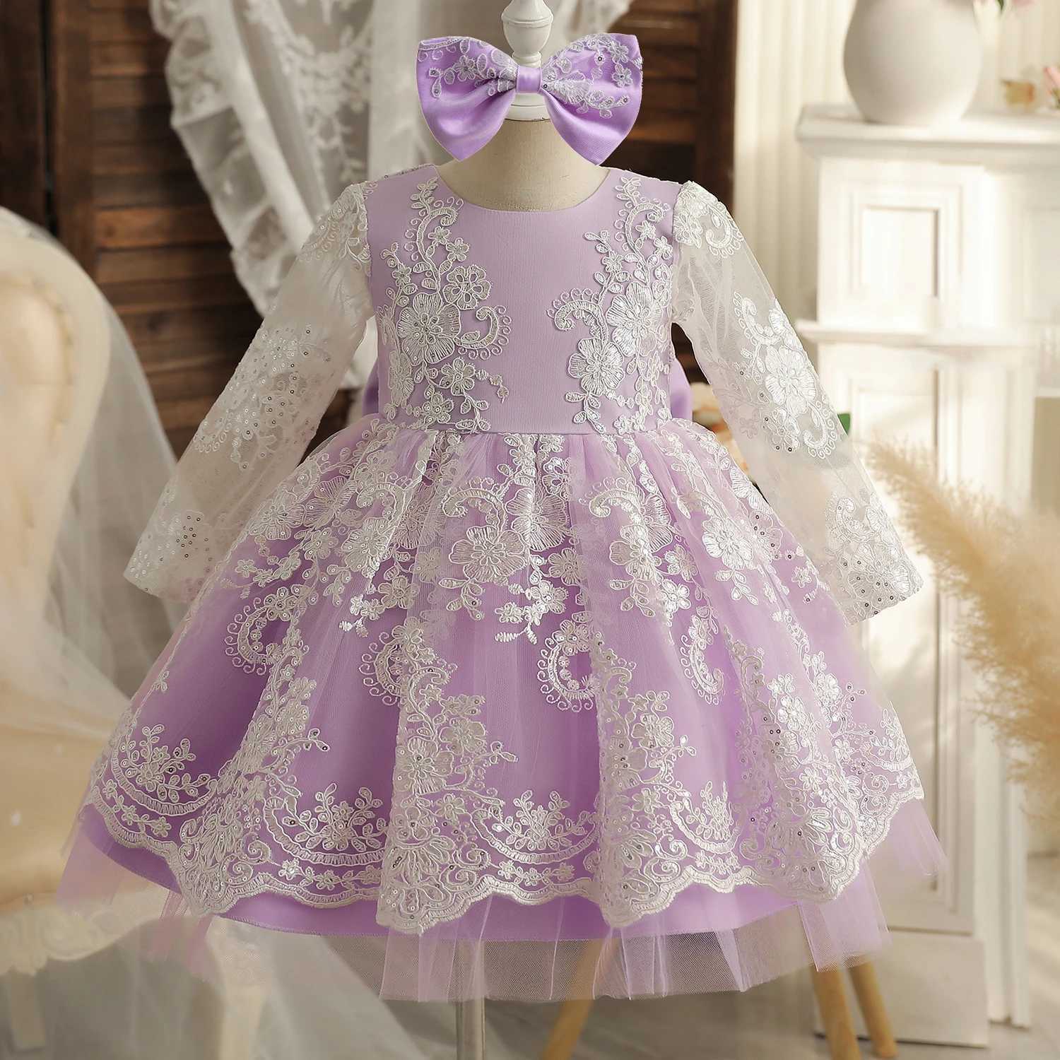 Girl's Dresses 1-5T Girl Fluffy Ball Gown Summer/Autumn Long Sleeve Embroidery Floral Bithday Clothes Baby Girls Bow Christmas Carnival VestidoY2