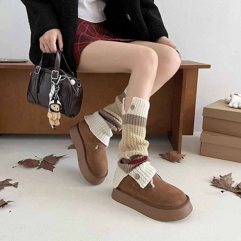 Shallow Mouth Shoes Woman Flats Clogs Platform Modis Dress Winter Creepers Retro PU Short Plush Rubber Med with 250101