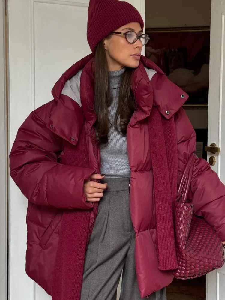 Women Thicken Hooded Down Overtised Cotton Jacket Fashion Long Sleeve Lapel Womens Coat Winter Lady Warm Commute Overcoat 241228