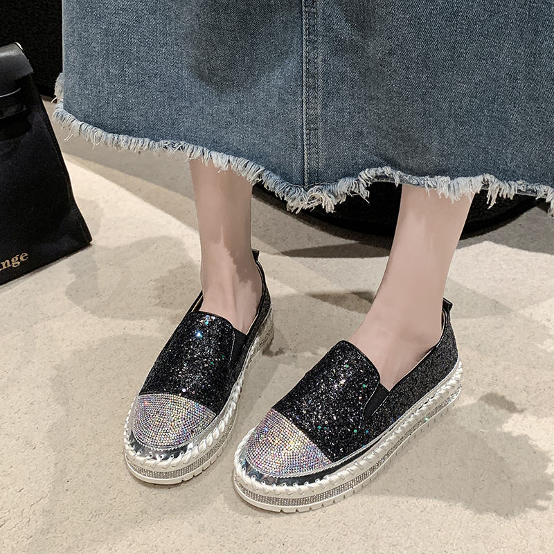 Women's Water Diamond Fashion Casual Shoes Designer Flat Shoes High Quality Thick Bottom Luxury Single Shoes Zapatos de Mujer Luxurious shiny out