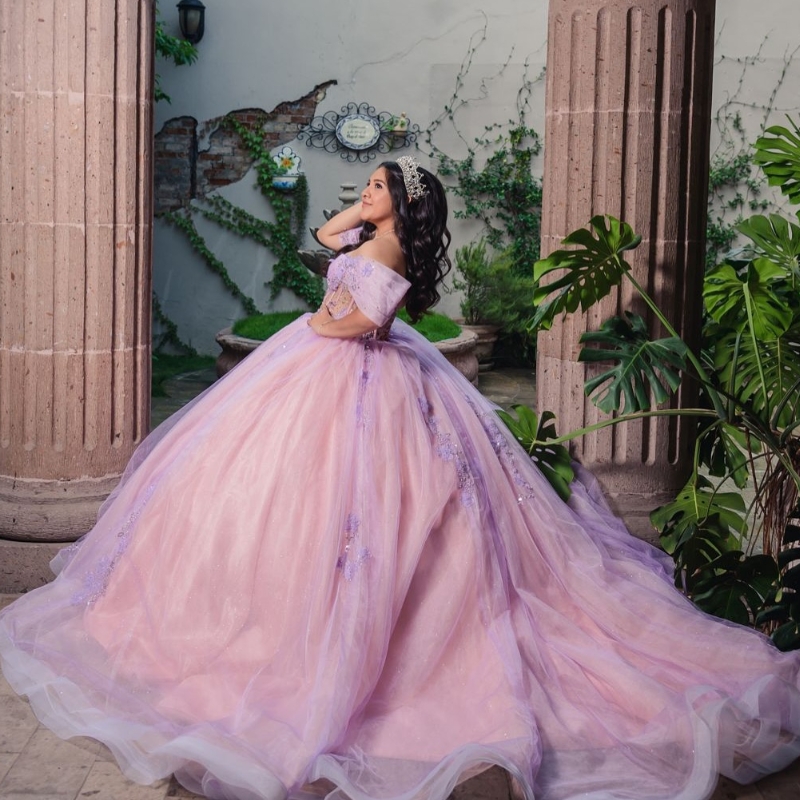 Lavender Quinceanera Dresses Ball Gown Off The Shoulder Applique Bow Beads Tull Corset Party Birthday Sweet 16 Vestido De 15 Anos