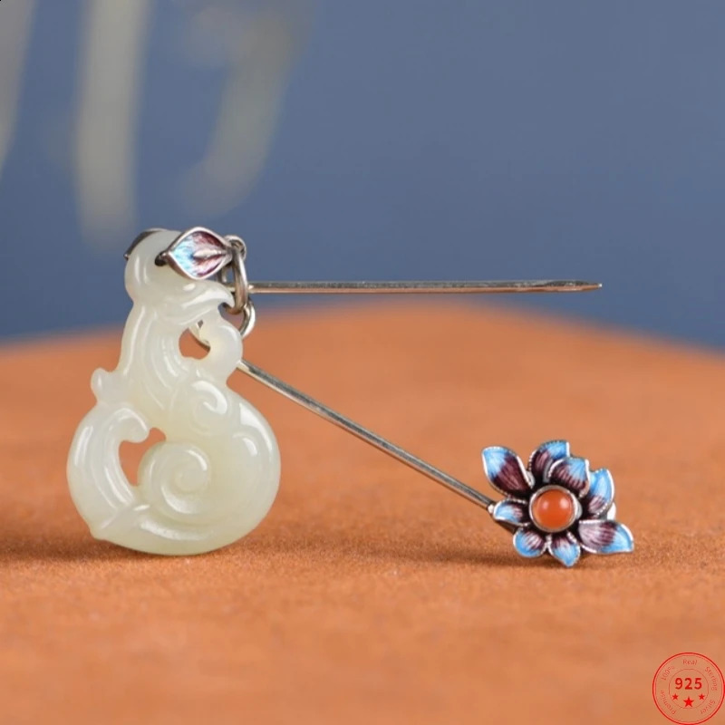 S925 Sterling Silver Brooches for Women Womens Fashion Enamel Lotus Inlaid Jade Phoenix Pin Corsage Jewelry Wholesale 241227