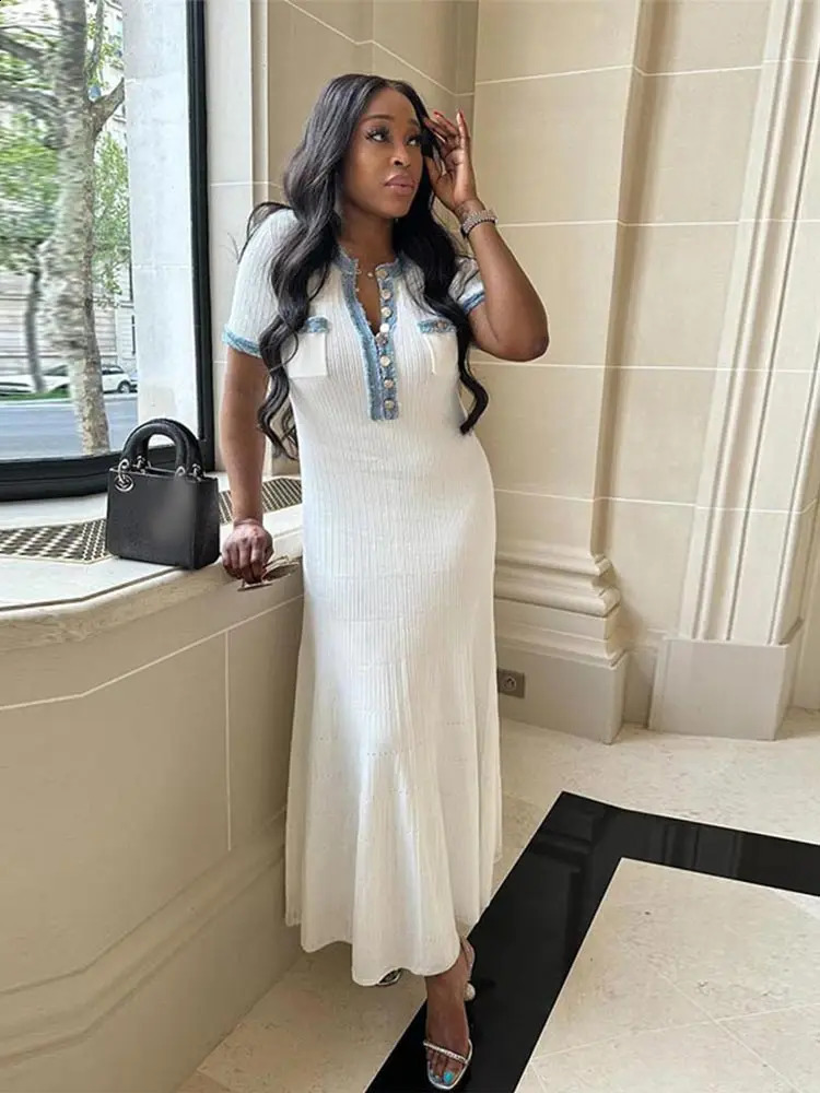 Elegant V Neck Denim Patchwork Knitted Long Dres Fashion Short Sleeve Buttons Dresses 2024 Chic Office Lady Pockets Robes 241228