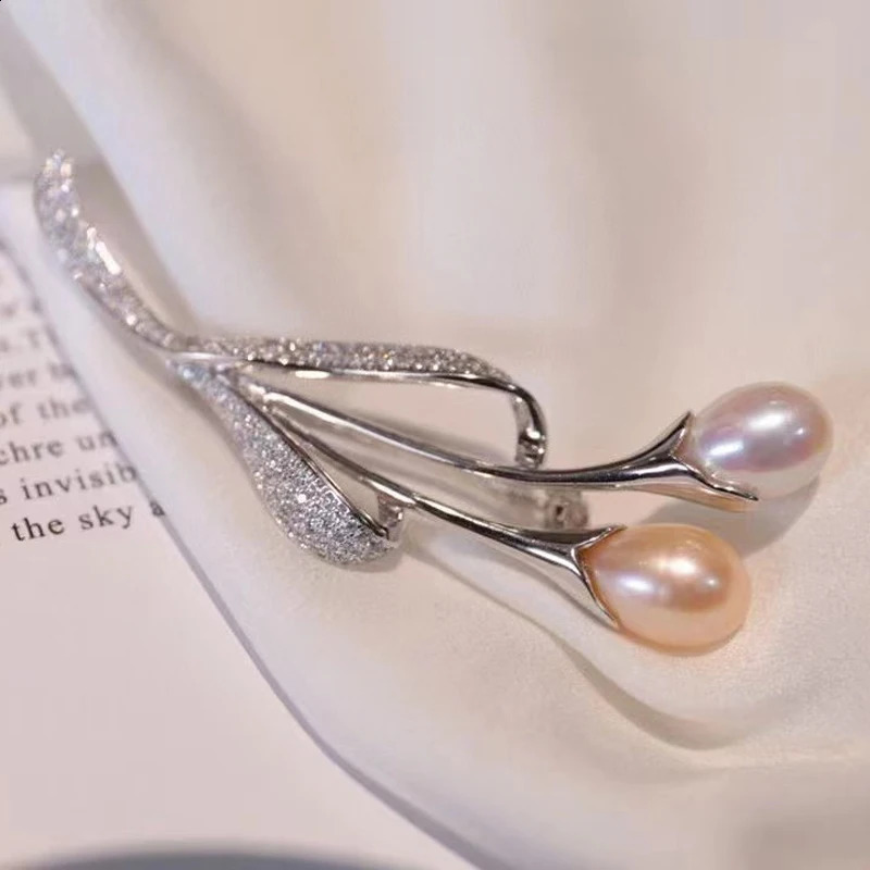 Natural Fresh Water Pearl Brooch Flower Style Simple 925Sterling Silver With Cubic Zircon 241227