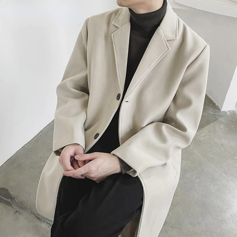 Spring Autumn Mens Wool Business Casual Trend Male Trench Coat Windbreaker Streetwear Waistcoat Jacket Men Overcoat Overalls 241220