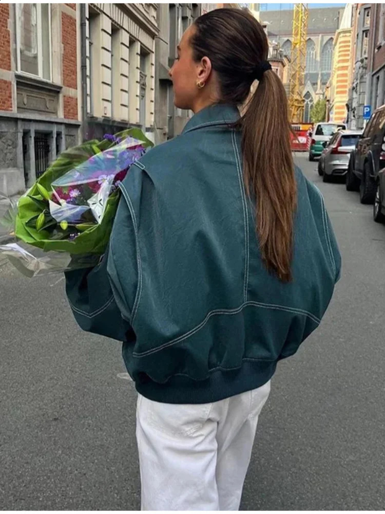 Vintage Contrast Stitch Lapel Long Sleeve Jacket Loose Solid Zipper Pu Leather 2024 Female Autumn High Streetwear 241223