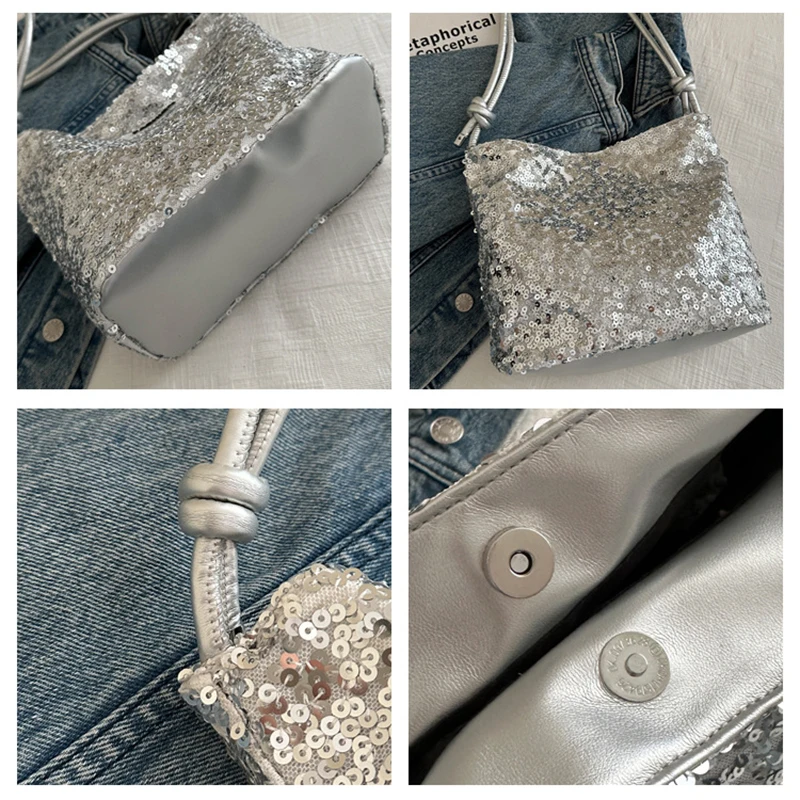 Fashion Shiny Sequins Bag Underarm Shoulder Bag for Women TLXT PU Leather Bling Small Bucket Messenger Bag Fashion Designer Shopping Silver Handbags