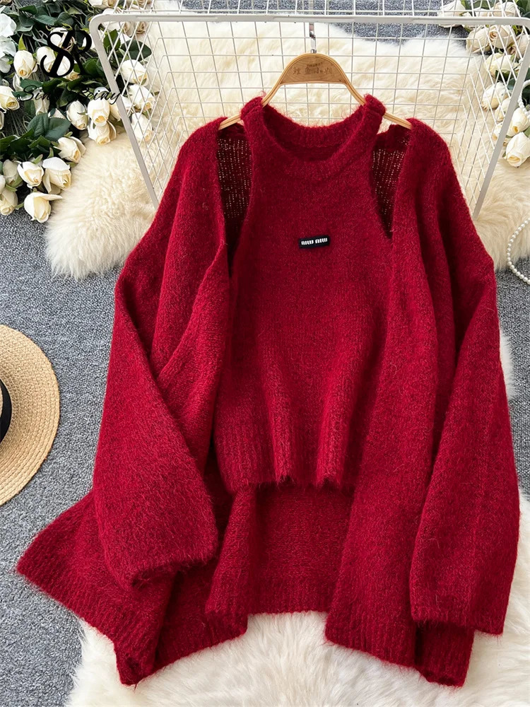 SINGREINY Fashion Solid Cashmere Sweater Long Sleeves Loose Warm CardiganSleeveless Knitting Tank Top Winter Gentle Casual Tops 241224