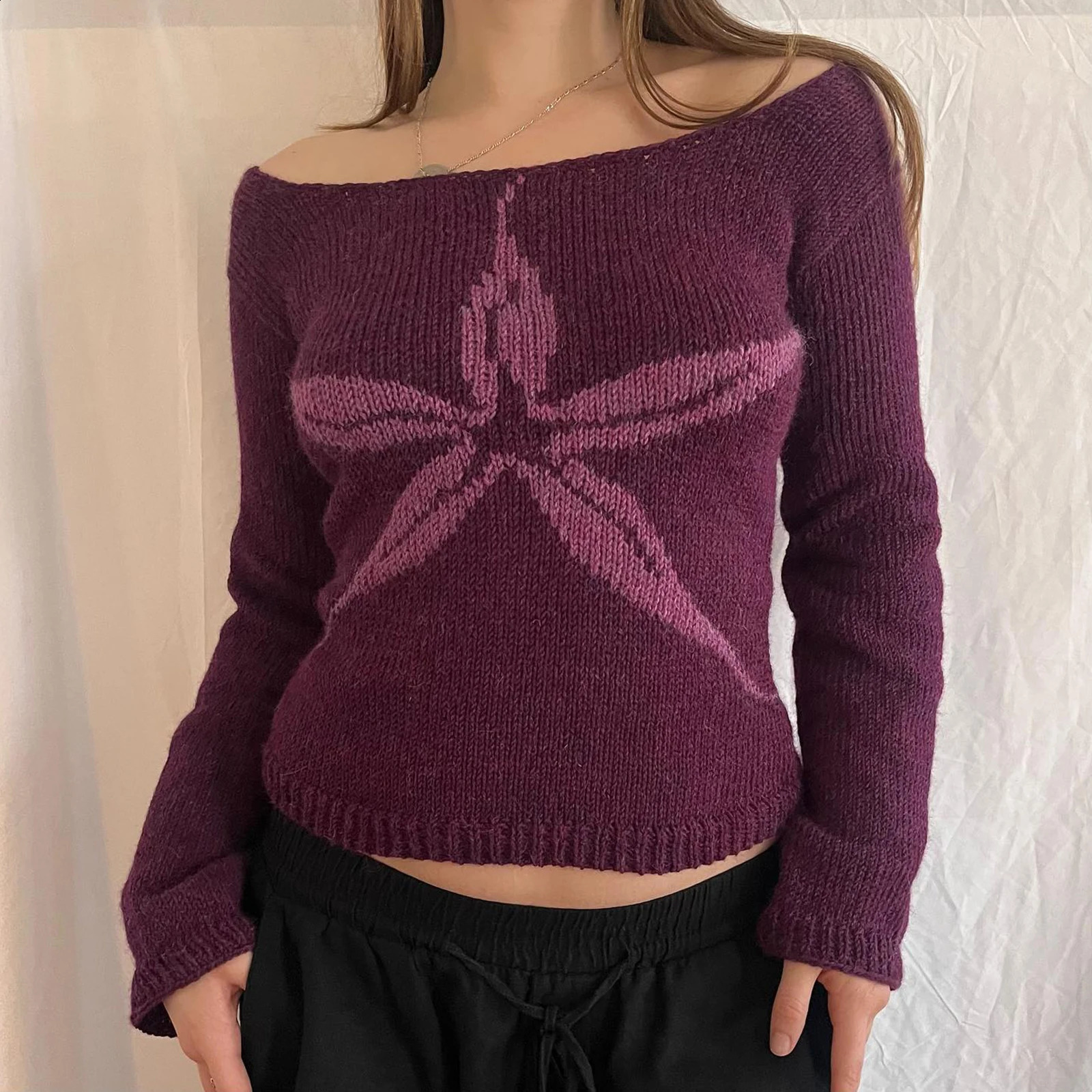 Gaono Women Y2k Off The Shoulder Sweater Vintage Bow Graphic Fitted Pullover Tops Cute Fall Knit Tops Vintage Streetwear 241220