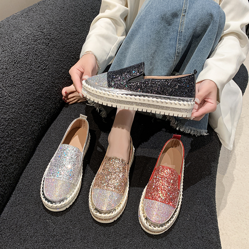 Women's Water Diamond Fashion Casual Shoes Designer Flat Shoes High Quality Thick Bottom Luxury Single Shoes Zapatos de Mujer Luxurious shiny out