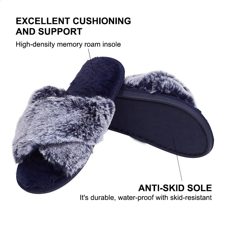 Furry Slipper House Blue Women Winter Cross Fluffy Fur Home Slide Flat Indoor Floor Shoes Ladies Flip Flops 241223