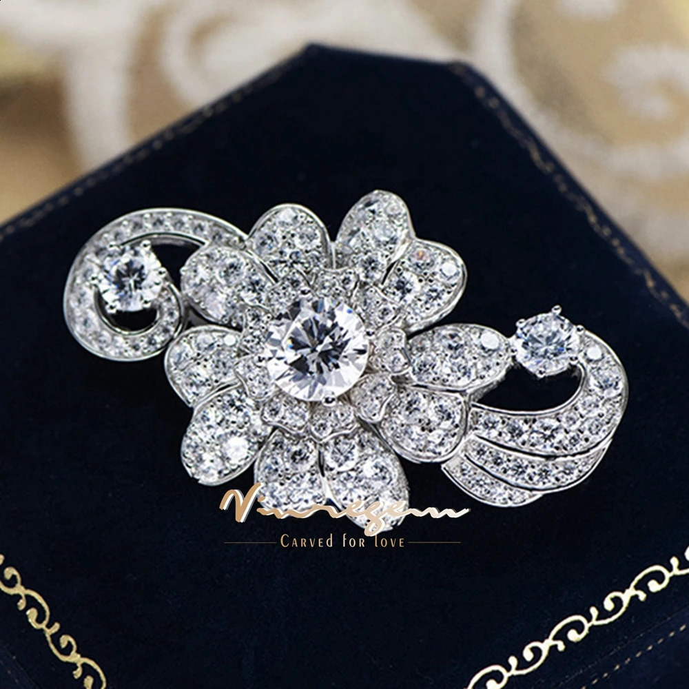 Vinregem Sparkling Lab Created Sapphire Gemstone Elegant Flower Brooches 100% 925 Sterling Silver Fine Jewelry Anniversary Gifts 241227