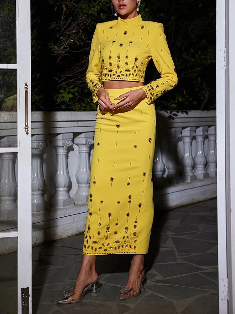 TWOTYLE Solid Spliced Diamonds Two Piece Set For Women Stand Collar Long Sleeve Tops High Waist A Line Skirt Female 241220