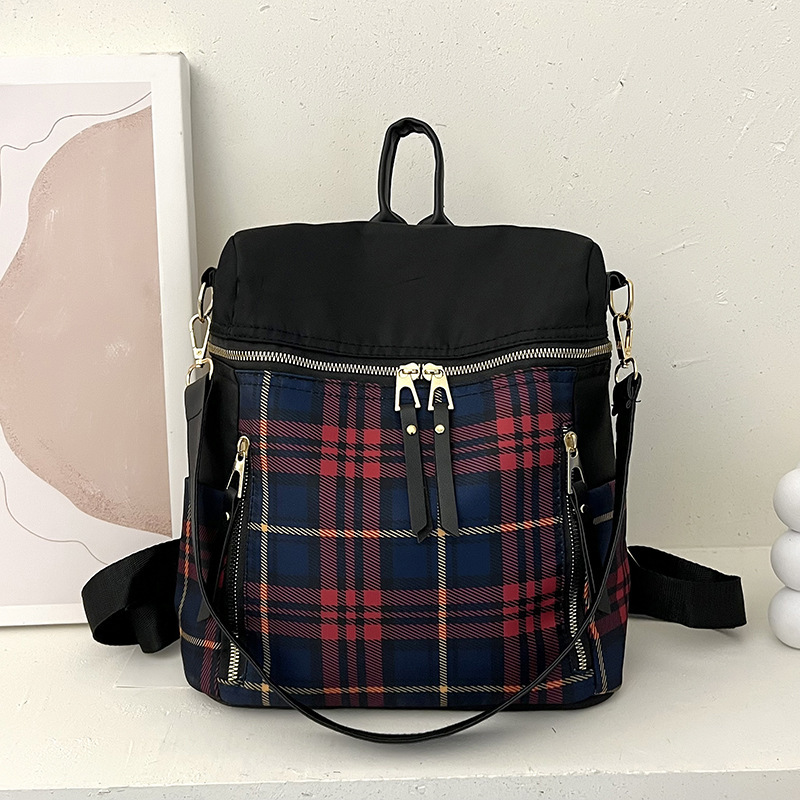 Checkered women, new Korean fashion canvas, large capacity for travel, women's Oxford cloth backpack