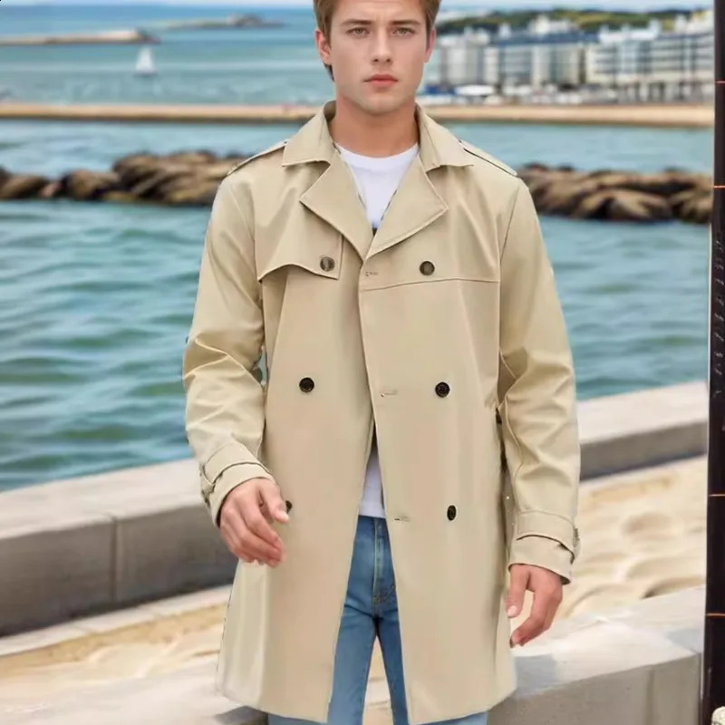 Spring and Autumn Solidcolor European American Longsleeved Trench Coat Mens Lapel Slimfitting Doublebreasted Casual 241220