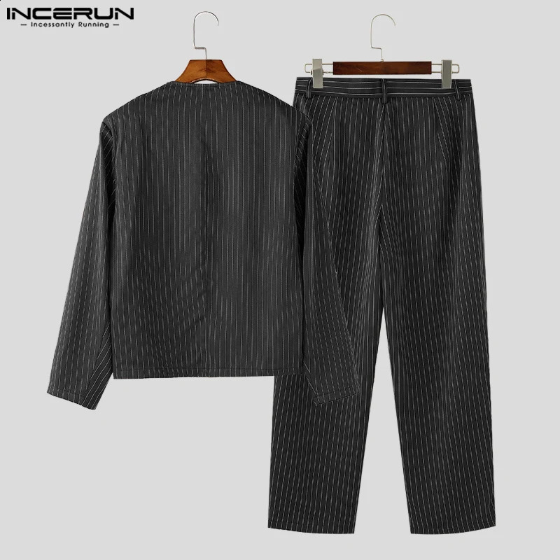 2024 INCERUN Men Casual Solid Color Sets Striped O-neck Long Sleeve Suits Split Sexy Loose Tailored Suit Korean Fashion Wear 241224