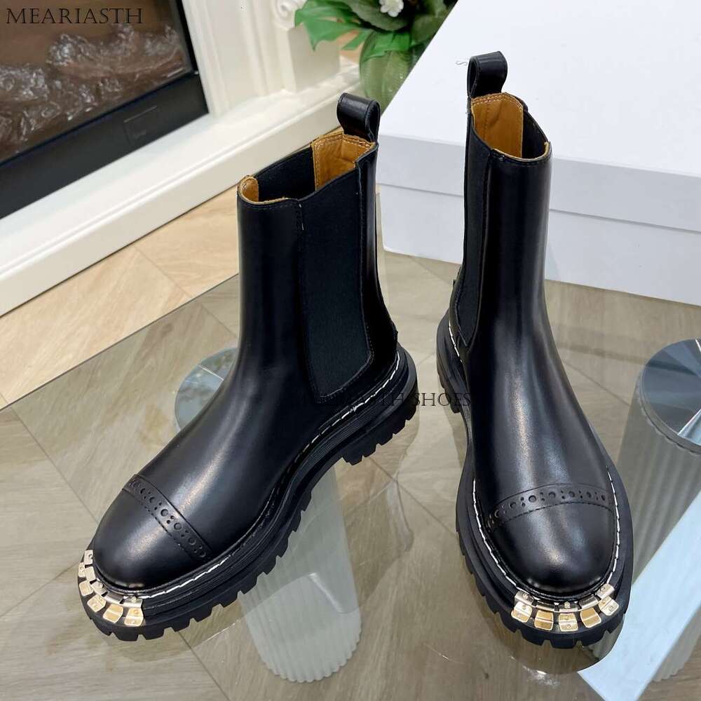 British Style Round Toe Flats Ladies Shoes Fashion Golden Tooth Decor Chunky Bottom Women Mid-Calf Short Boots