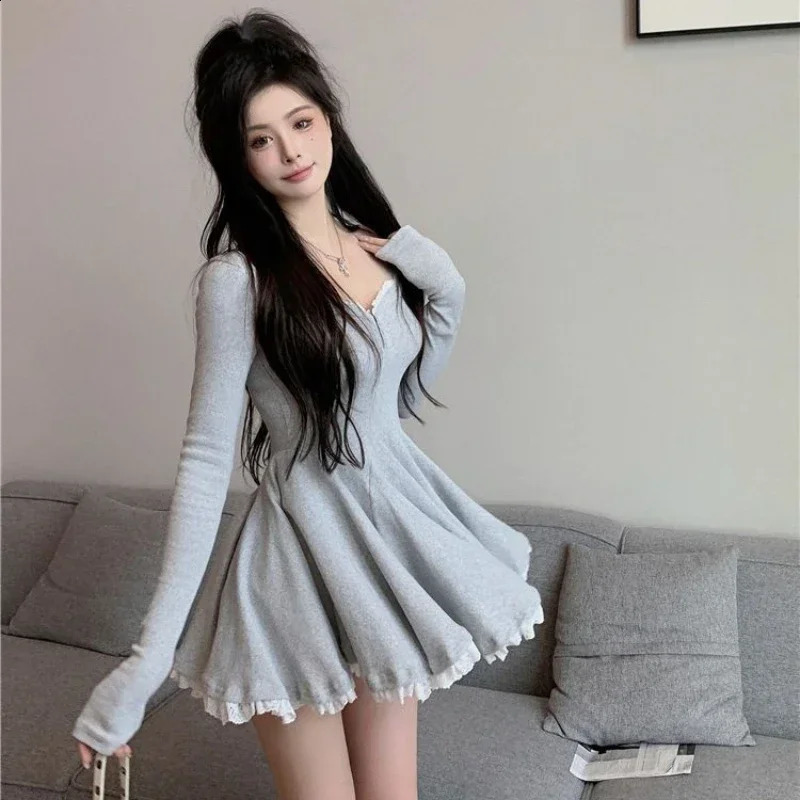 Sexy Korean Dress French Style Waist Closed Long Sleeve Collarbone Exposed Sweet Lacewaisted Pleated Aline Tutu Skirt 2024 241228