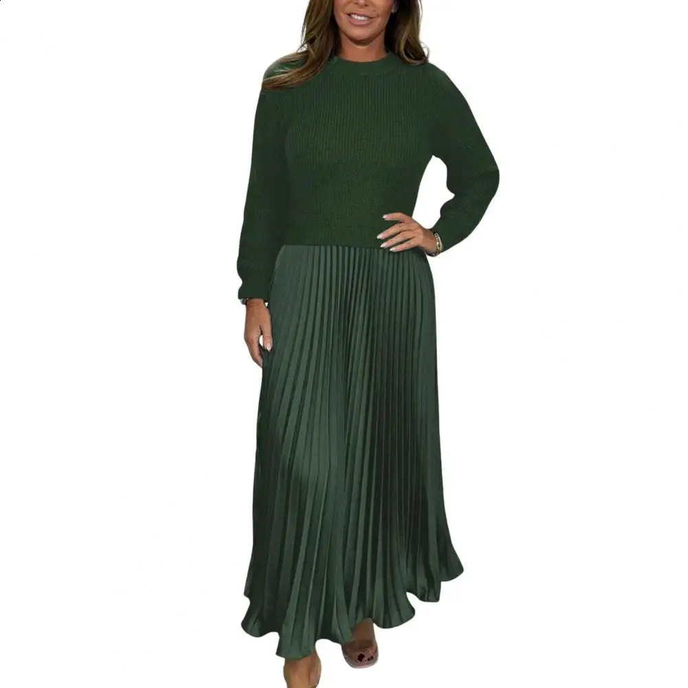 Autumn Winter Women Dress Knitted Sweater Twopiece Pleated Skirt Patchwork Long Sleeve Round Neck Aline Maxi 241228