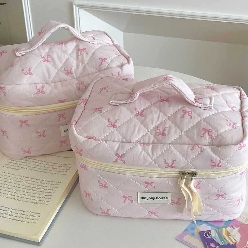 1pcs Cotton Pink Ribbon Bow Cosmetic Bag Large Capacity Soft Handbag Storage Bags Travel Organzier Pouch Women Makeup CaseXJ241228