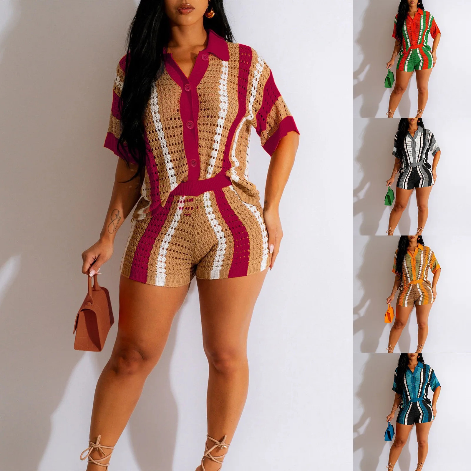 Women Summer Beach Vacation Two 2 Piece Outfits Crochet Sets Causal Knit Short Sleeve Button Down Shirt And Shorts Matching Set 241228