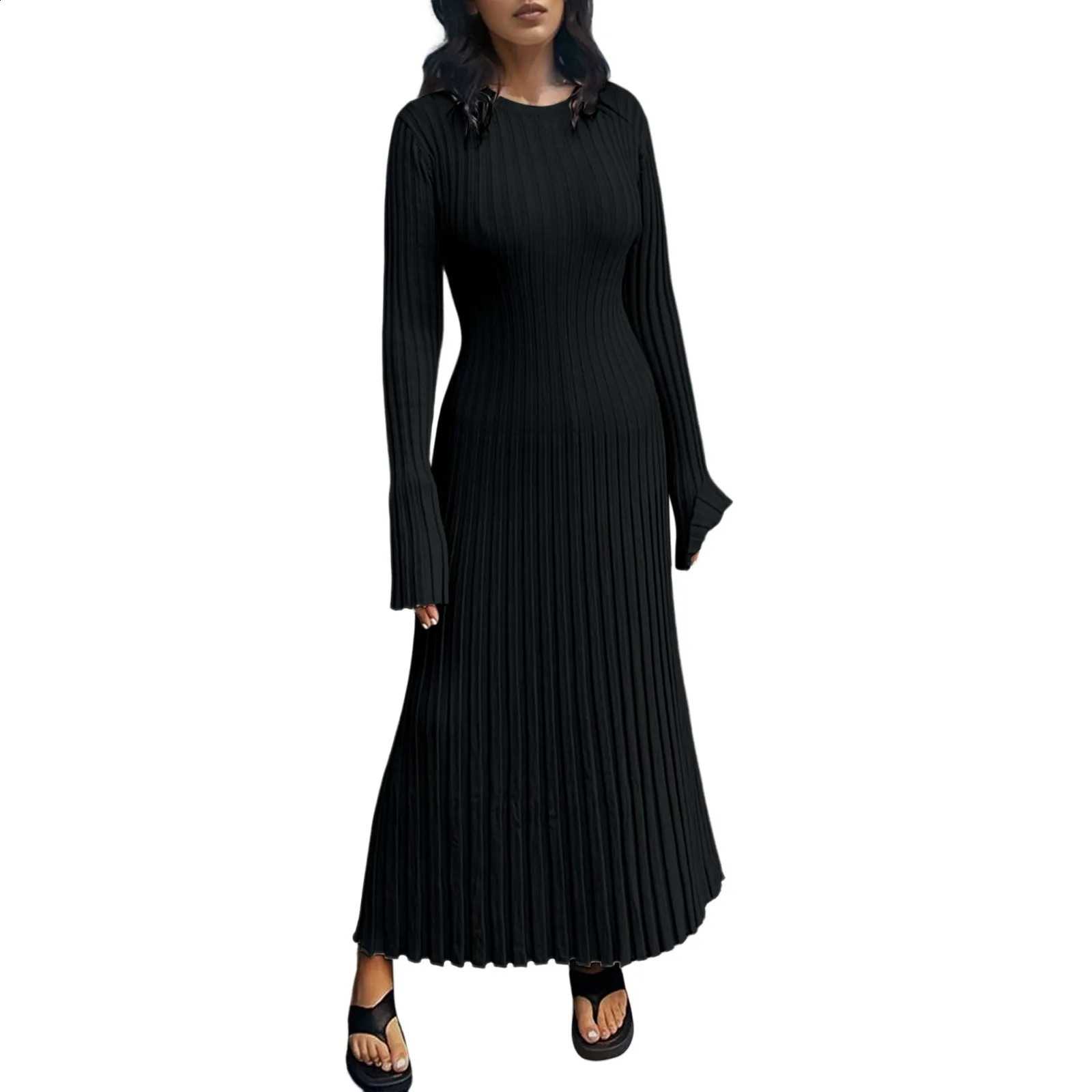 WomenS Ribbed Knitted Midi Dress Long Sleeve Round Neck Long Dress For Fall Party Bodycon Sweater Dress Vestidos Para Mujer 241224