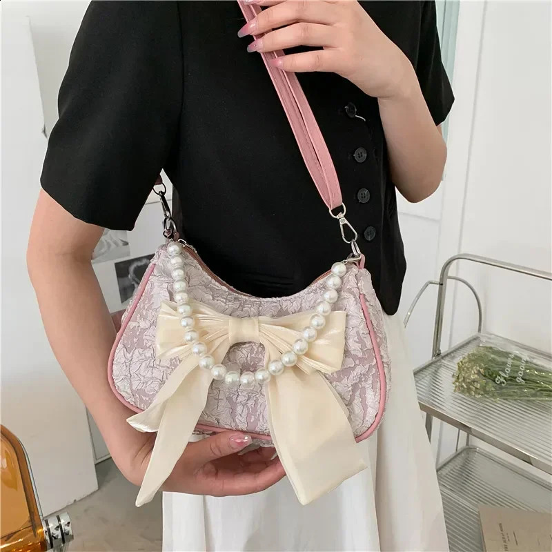 Pearl Female Bag Retro er Handbag Bow Crossbody Bags Fashion Canvas Womens 2024 Trend Shoulder bag Purses 250103