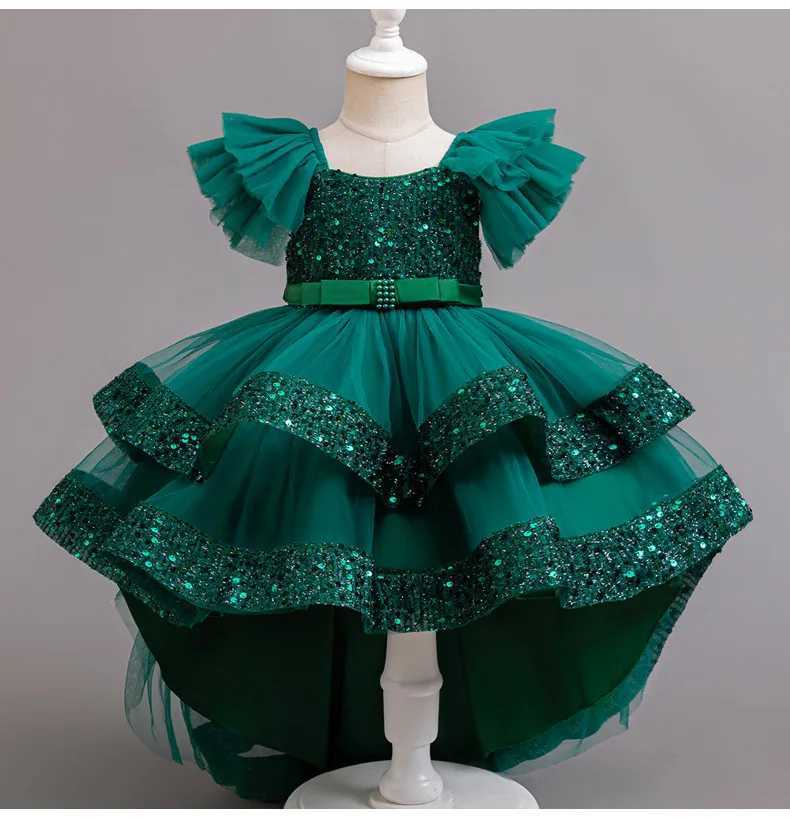 Girl's Dresses 3-10 year old girl new year dress sequins small flying sleeve trailer tail skirt net gauze cake dress girl party dress Y250227D5YA