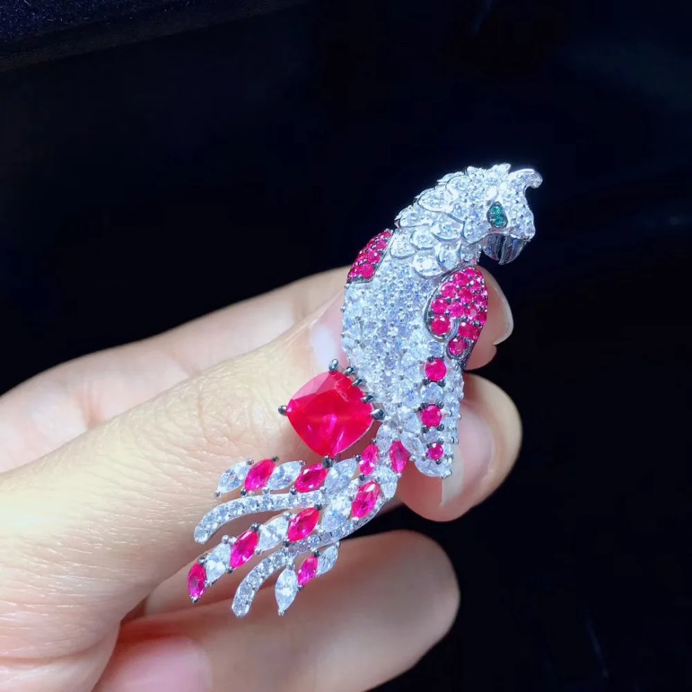 925 sterling silver with cubic zircon parrot brooch pins bird brooch red blue color fine women jewelry high quality 14*52MM 241227