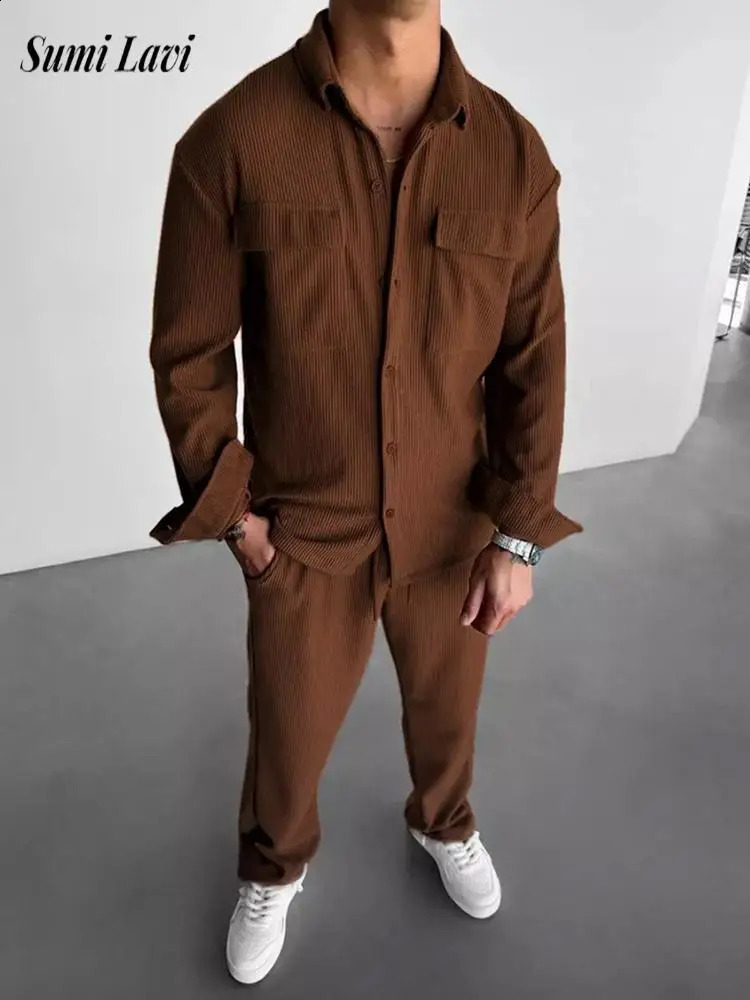 2025 Spring Casual Mens Two Piece Suits Streetwear Men Vintage Solid Color Lapel Corduroy Jacket And Pants Outfits Mens Clothing 241224