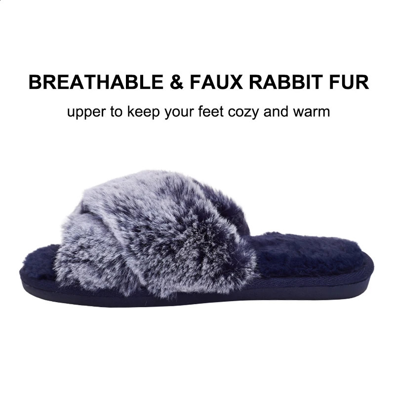 Furry Slipper House Blue Women Winter Cross Fluffy Fur Home Slide Flat Indoor Floor Shoes Ladies Flip Flops 241223