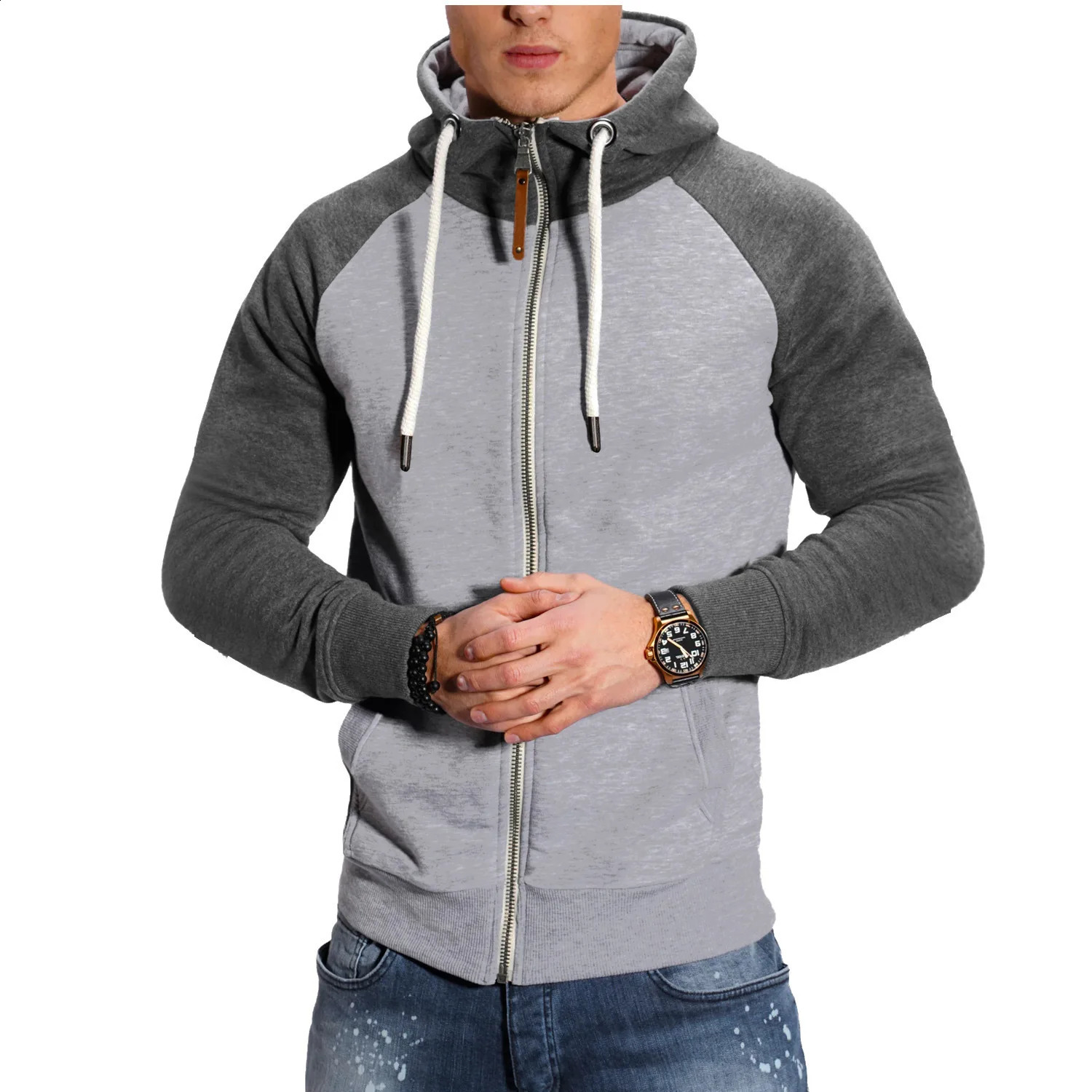 mens contrasting raglan sleeves zippered cardigan hooded hoodie casual cardigan mens hooded cardigan hoodie plus 241220