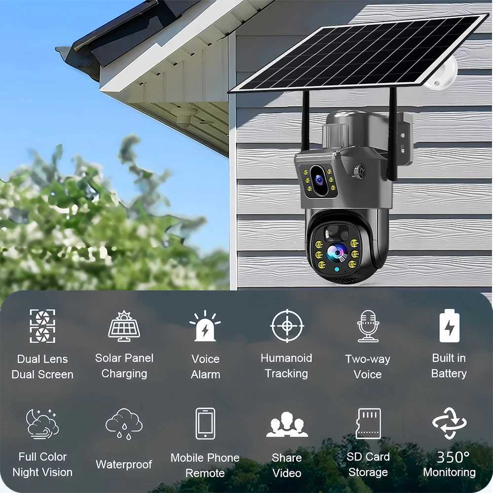 Outdoor 4K 8MP Wireless Solar Camera 4G Sim Dual Lens Wifi IP PIR HD Night Vision Camera V380Pro PTZ Security CCTV MonitorXJ241228
