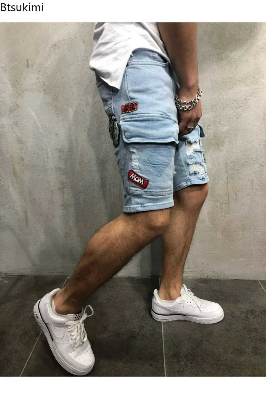 2025 Mens Summer Short Jeans High Stretch Fashion Casual Denim Shorts Male Slim Fit Elastic Badge Pockets Hole Shorts for Men W250319