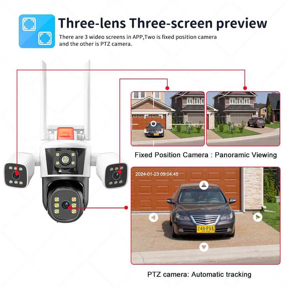 6K 12MP WiFi IP Camera Outdoor Three lens Panoramic View PTZ IP Camera AI Tracking Security Protection CCTV Video SurveillanceXJ241228