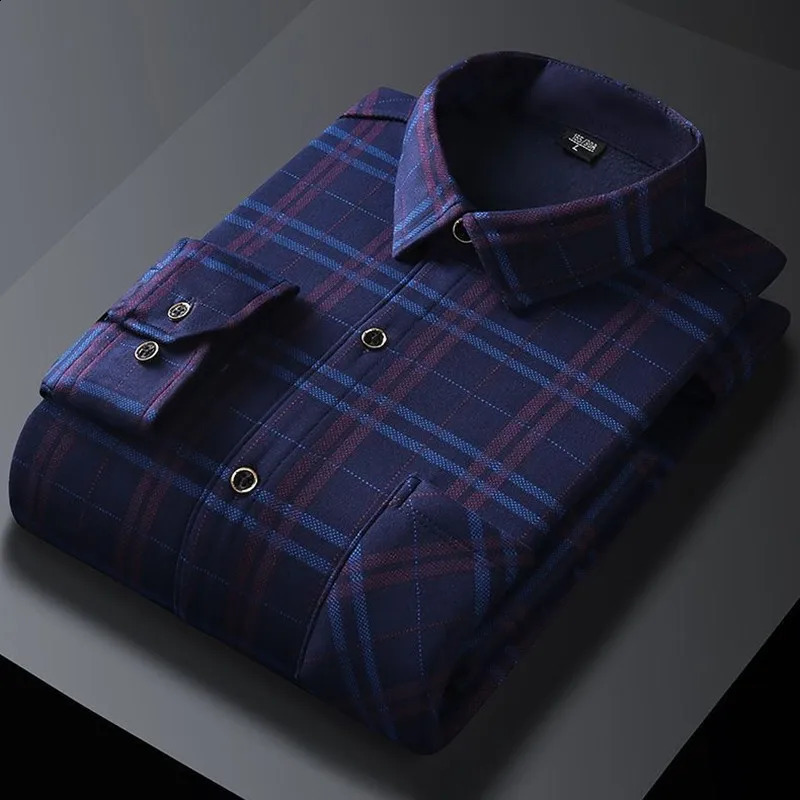 Autumn and Winter Fashion Trend Plaid Long Sleeve Shirt Mens Business Casual Plus Fleece Thick Warm Large Size Shirt 241223