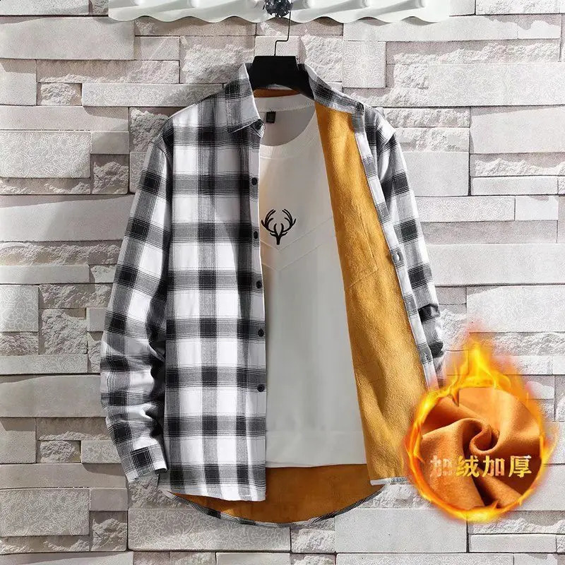 Checkered Shirt Mens Casual Plus Plush Thick Mens Long Sleeved Warm Shirt Student Korean Version Trendy Jacket 241223