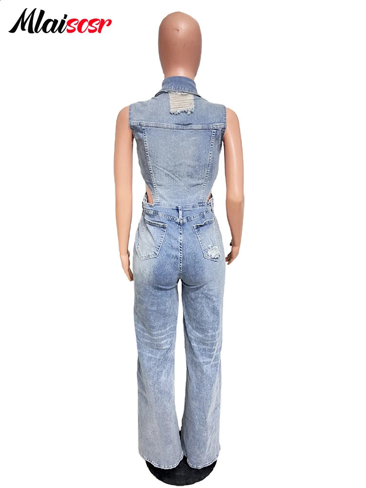Mlaiscsr Blue Hollow Out Straight Stretch Denim Jumpsuit Women Lapel Button One-piece Pants Jeans Rompers Female Cow Overalls 241230